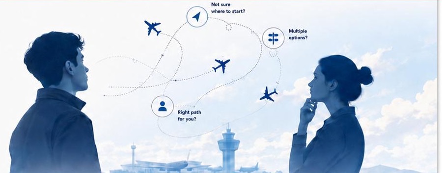 Two people looking up at aircraft following dotted flight paths above an airport